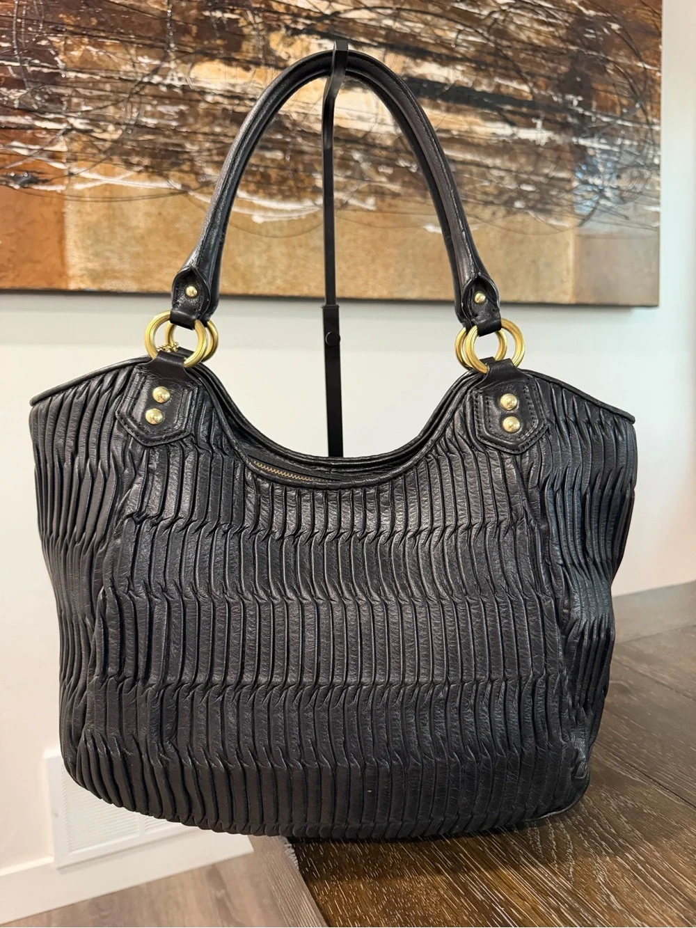 Coach Ashley Black Gathered Leather Shoulder Bag with Brass Accent F23928